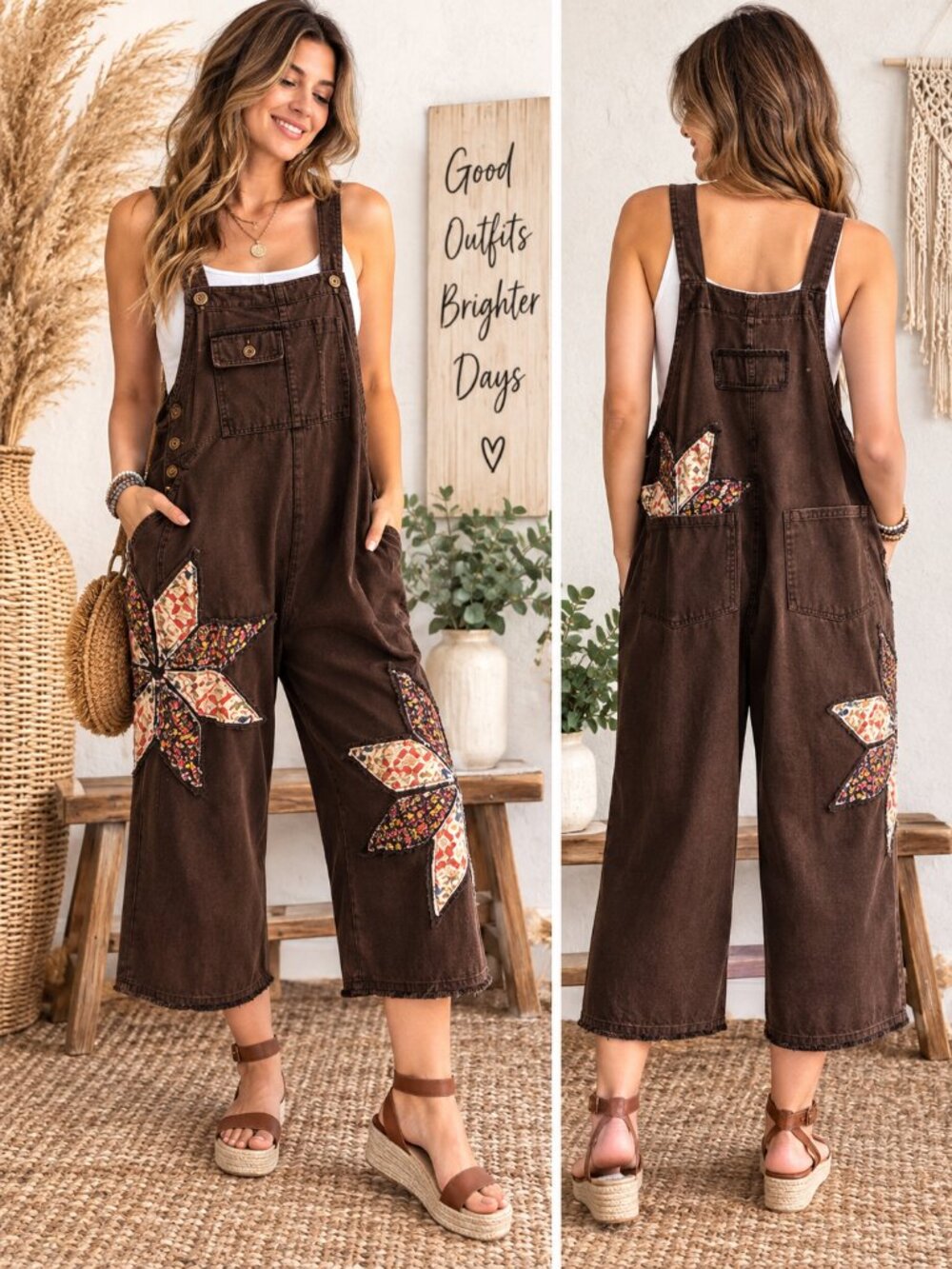 Blue Velvet Oversized Brown Floral Patchwork Star Overalls Boho Cotton Small